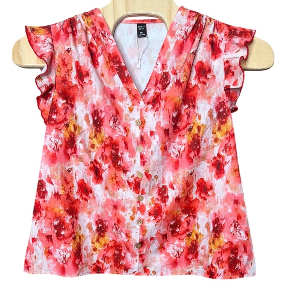 Emery Rose Top Women 0XL C12SUQ131 Red Floral Ruffle Button-Down NEW